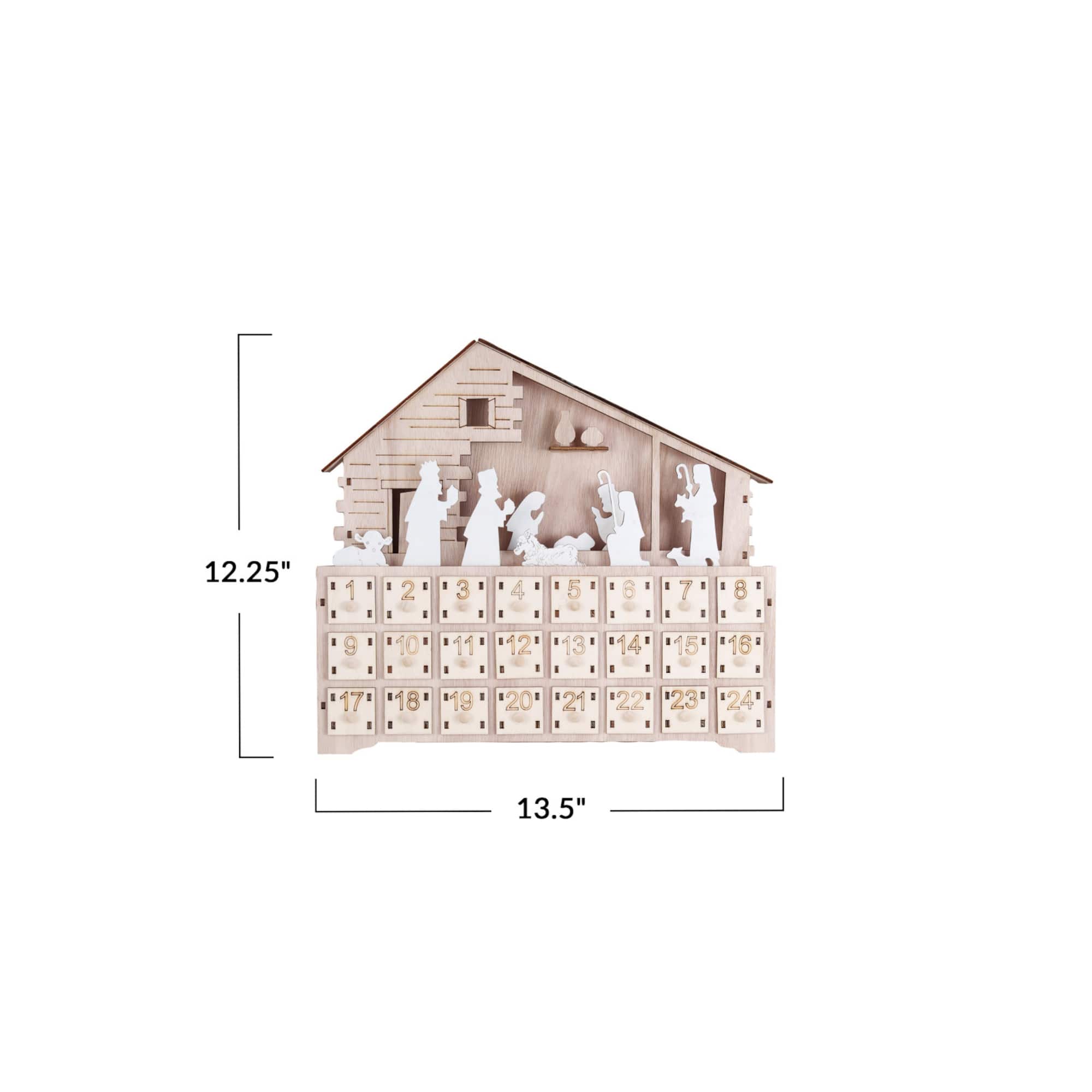 Hello Honey® 13.5" Wood Laser-Cut Nativity Advent Calendar with LED Light & Drawers